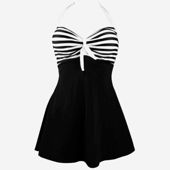 Cocoship Black White Striped One-Piece Swimsuit 16 NWT w/ Built-In Shorts - Picture 1 of 8